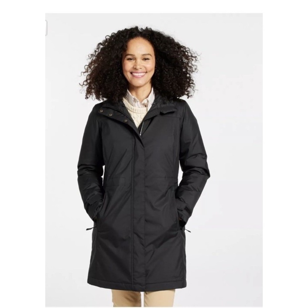 LL Bean Women's Warmer Coat Sz M Navy Lined Quilted Hooded Zip Snap Faux Fur EUC